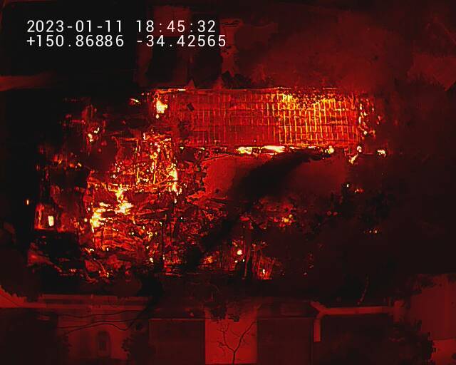 A drone image shows the West Wollongong fire three and a half hours after it began. Picture: Fire and Rescue NSW