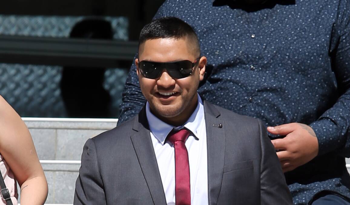 Benjamin Fagalilo departs Wollongong Courthouse on Thursday, flanked by supporting relatives. He will spend almost two years subject to an intensive corrections order.  