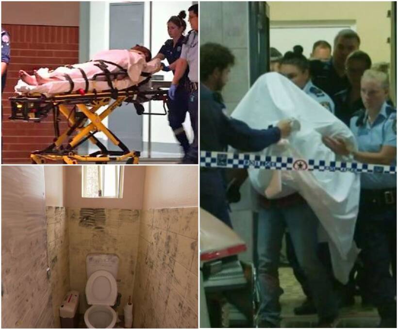 A man (left) and child (right) are removed from the dance school, where forensic officers examined the bathroom. Pictures: 9 News, ABC