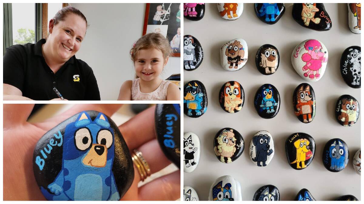Kirrin Gruber, pictured with daughter Elena Gruber, 4, has spent countless hours hand-painting hundreds of rocks for children to find. Picture: Adam McLean