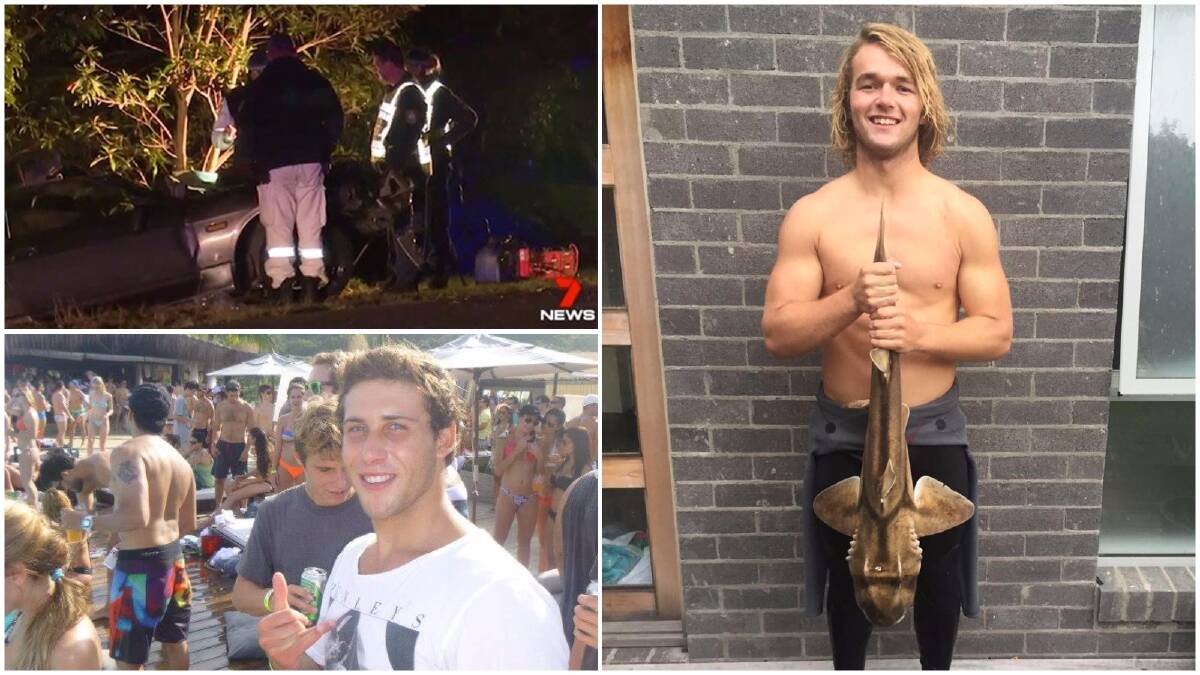 Police examine the crashed Skyline in which Reuben Martin (right) died on Sunday. The driver, Lachlan Scipione (bottom left) has been hospitalised with serious injuries. Pictures: 7 News; Facebook