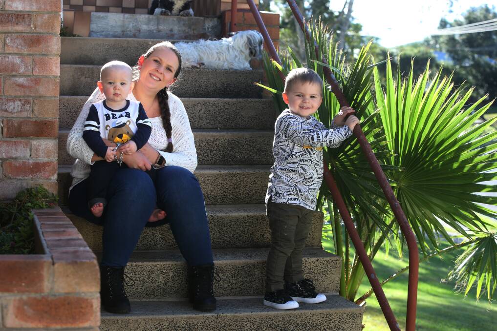 Jade Killin spends every Saturday travelling to Bathurst prison with her mother and sons Dominic Yendall, eight months, and Oliver Yendall, 2. Picture: Robert Peet 