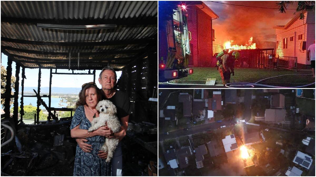 Mary Anne Stewart and James Stewart, pictured with dog Mengi, say they feel lucky to have escaped Tuesday night's fire. Picture: Sylvia Liber 