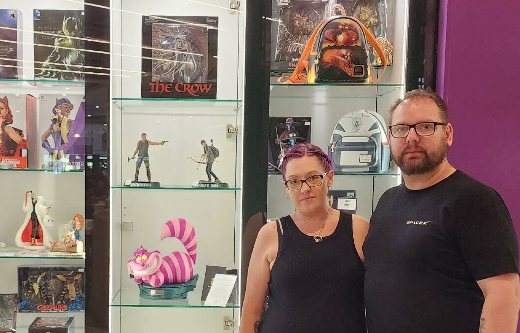 Talitha Matthews and Peter Laybutt at their Dapto store Beskar Popculture, which is increasingly falling prey to thieves. Picture: supplied 