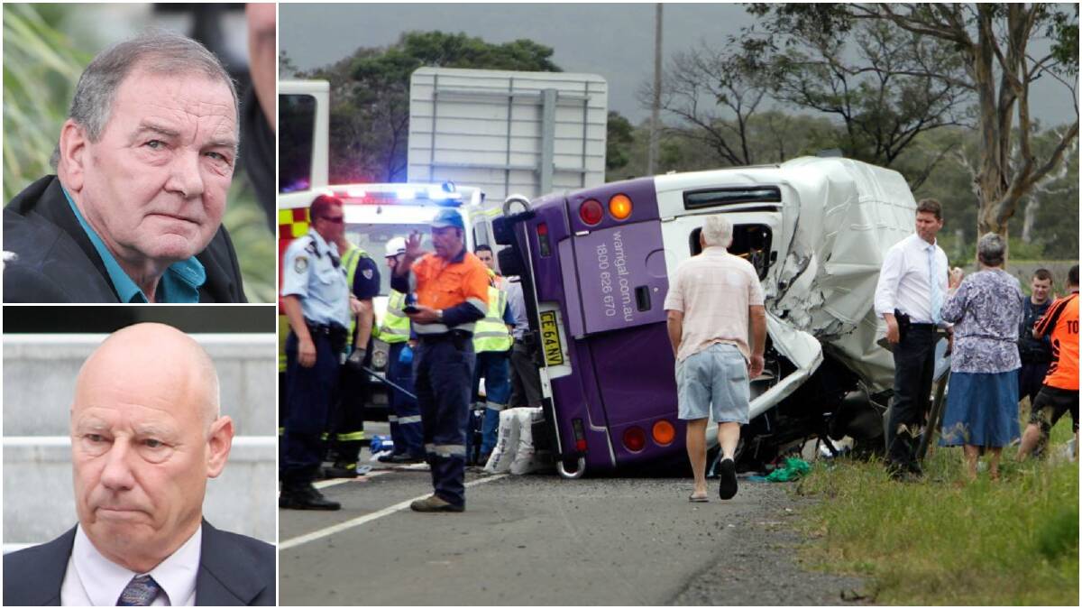 Michael Ryan (top left) has pleaded not guilty to dangerous driving occasioning death. Ryan was at the wheel of a Warrigal Care minibus that collided with a fuel carrier on the M1 at Yallah last year. Fuel truck driver Tony Forshaw (bottom left) is the first to give evidence in a trial underway at Wollongong District Court.  
