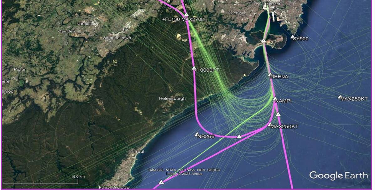 Proposed departure path from runway16R in pink and historical aircraft tracks in green.