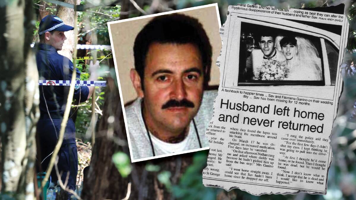 An officer works at the bush site in the Mount Kembla escarpment on Friday, September 29 and (inset), missing man Saverio Ganino and a press clipping published in the Mercury on the one-year anniversary of his death. Main picture: Sylvia Liber 