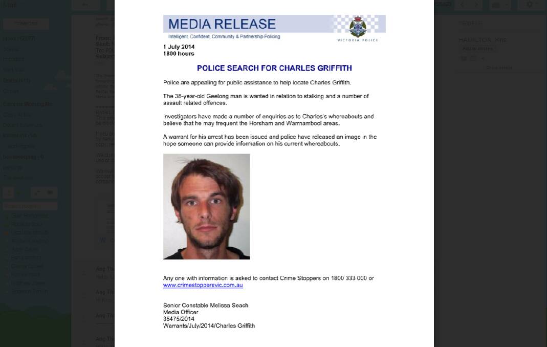 Victorian Police appealed for information on Griffith's whereabouts in a July, 2014 alert. 