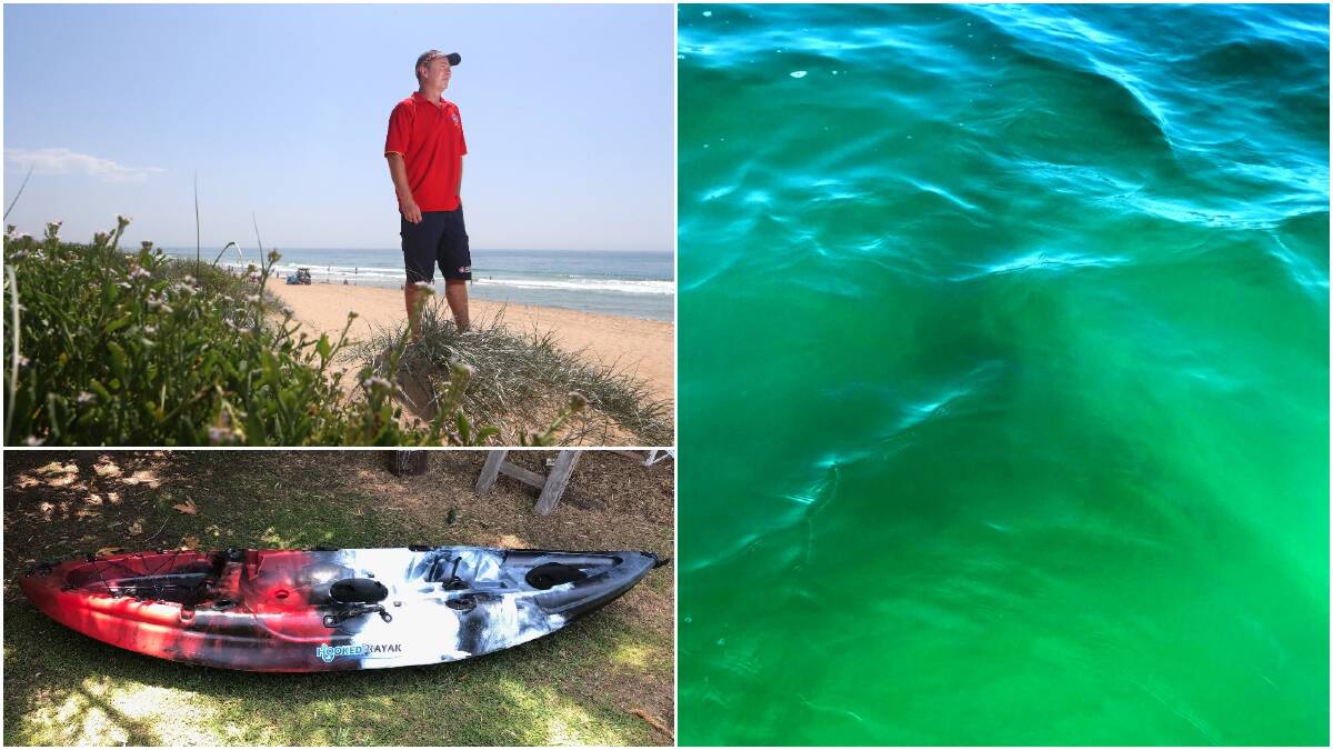 UNUSUAL: Surf Life Saving Illawarra's Anthony Turner says the same shark, pictured as a shadow in the water at North Gong about midday (right), may have later nudged the kayak (bottom left). Main picture: Sylvia Liber 