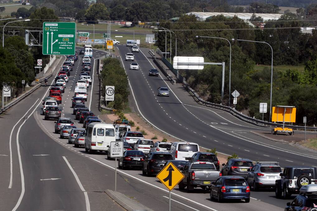 Southbound traffic is bumper-to-bumper on the Princes Highway at Albion Park Rail in a scene from the Easter 2019 long weekend. Picture: Robert Peet