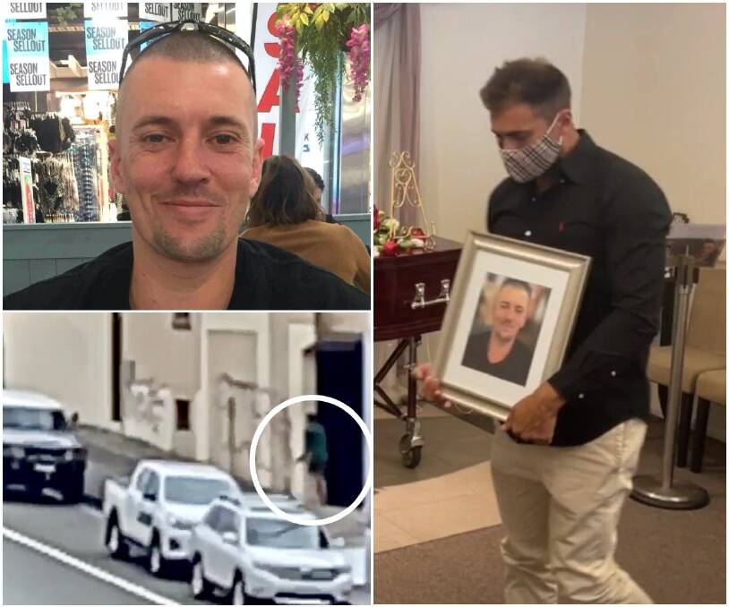 Rhys Tyerman cradles a picture of his brother at Mathew's funeral service, held 10 days after the South Coast Correctional Centre inmate (pictured top left) disarmed a correctives officer in the Wollongong CBD (bottom left). 