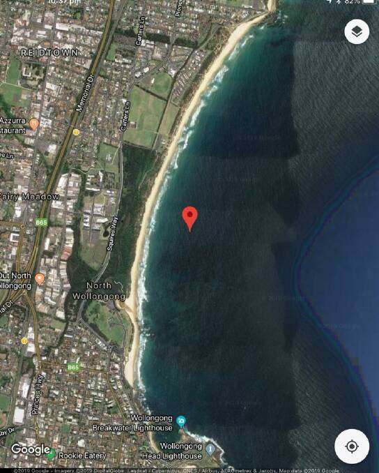 A pinpoint placed by Mr Hawkins shows where he believes the shark encounter took place. 