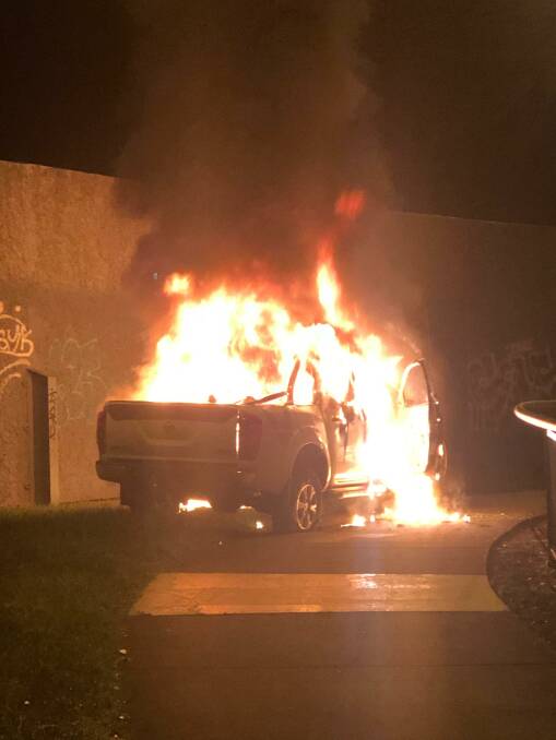The ute goes up in flames.