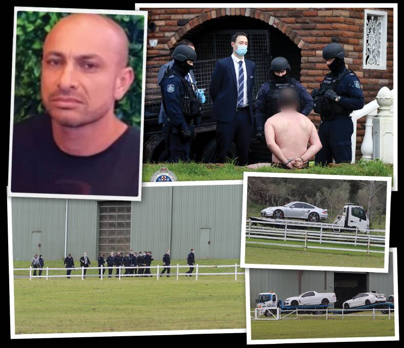 Three cars are seized from the Helensburgh property on Wednesday and a man is arrested in Western Sydney in relation to the shooting death of Mejid Hamzy (top left). 