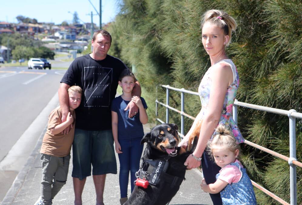 Rebecca Goodchild and her partner Justin Oyston were walking with kids Ethan, Summer and Ruby, and Dexter the dog, when Rebecca was hit from behind. Picture: Sylvia Liber 