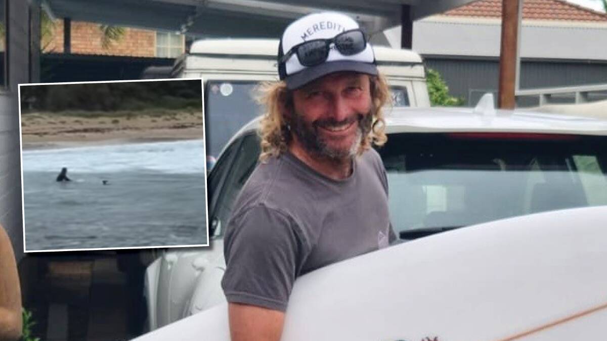 Brendan Riddick, pictured inset with the kangaroo and (main picture) with his surfboard. Pictures: supplied 