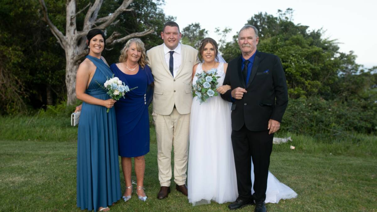 Steven Tougher with wife Madison, his parents, Jillian and Jeff, and sister, Jess, at the couple's March wedding. Picture: supplied 
