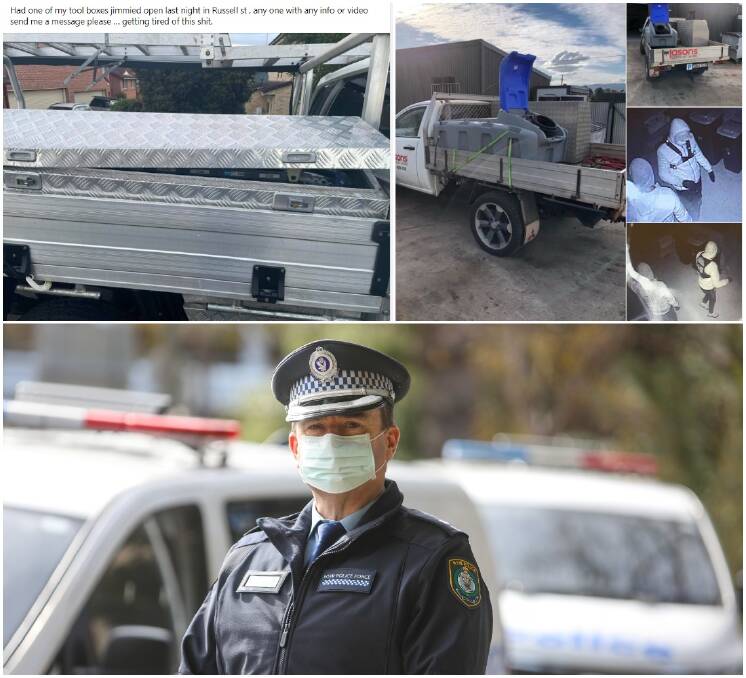 A local tradesman expresses frustration at having his ute broken into on Russell St, Woonona (top left) and top right: scenes from Edgewood Estate, where CCTV captured thieves stealing a ute on July 15. Bottom: Supt Quarmby addresses media on the issue on Tuesday (picture: Adam McLean). 