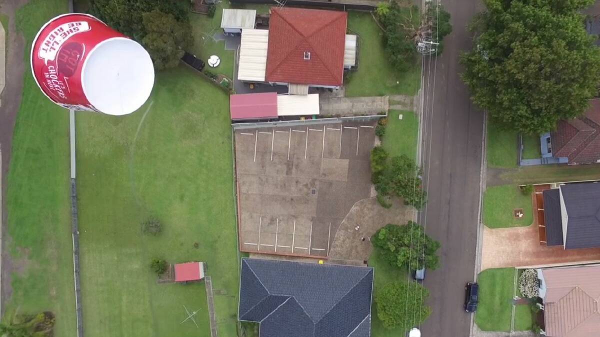 
A KFC bucket is flown over Bulli in a still from a video by the Yes to KFC in Bulli Group. 
