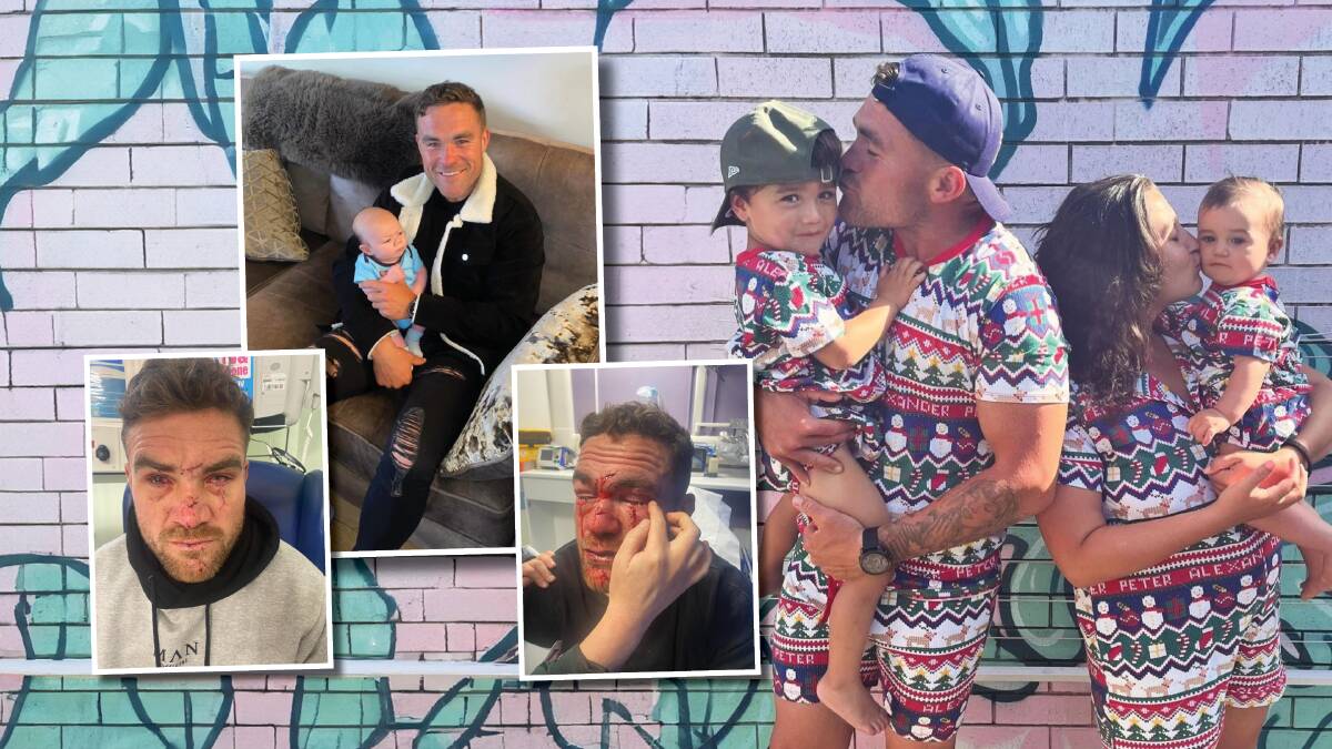 Keone Rawiri and Matthew Syron pictured with their children Brixon and Meka-Rose the day before Mr Syron flew to the UK and (inset) pictures of Mr Syron as he appeared before and after the attack. Pictures: supplied 