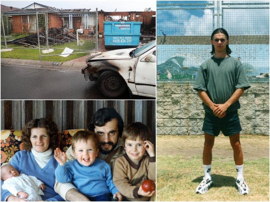 A scorched car is in the process of being removed from the property on Wednesay; a young De Gruchy as he appeared when an inmate; the De Gruchys: baby Sarah, Jennifer, Adrian, Wayne and Matthew. 