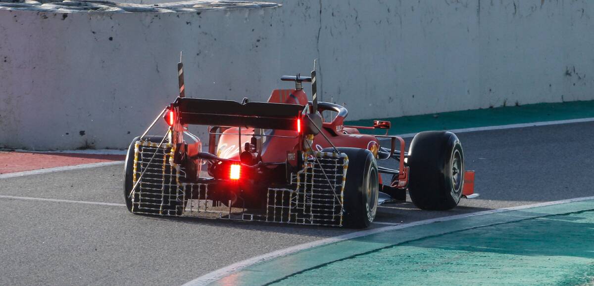 F1 testing back in 2019, and Ferrari are measuring rear airflow down low. Photo: Shutterstock.