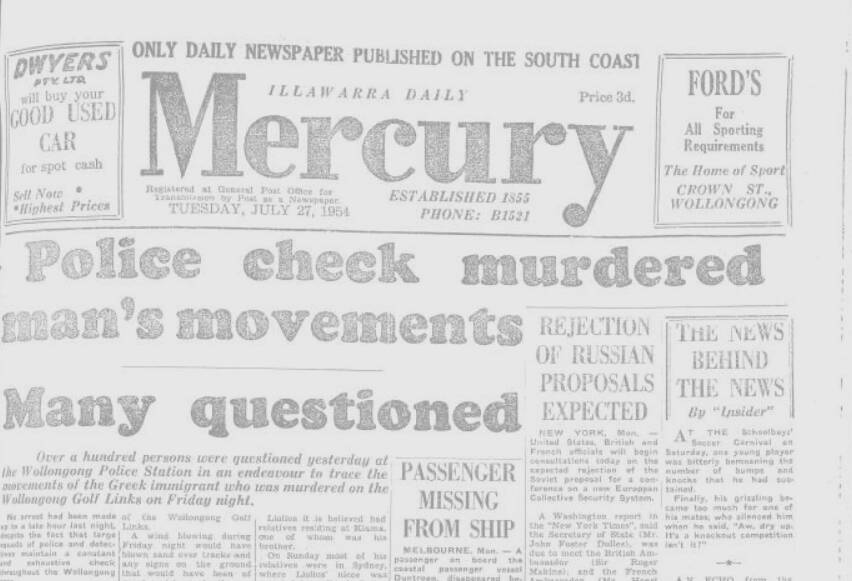 The front page of Illawarra Mercury from July 27, 1954. File picture