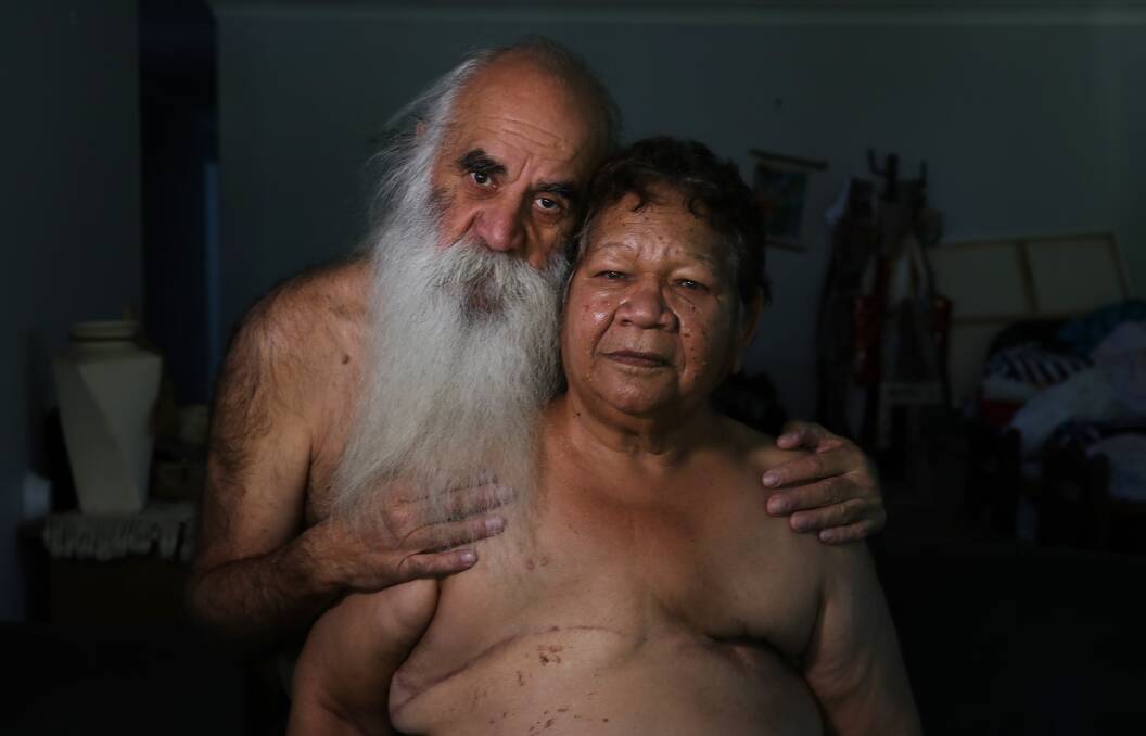 Elder Aunty Vida Brown showing the scars from cancer, with her partner Paul. Picture by Sylvia Liber
