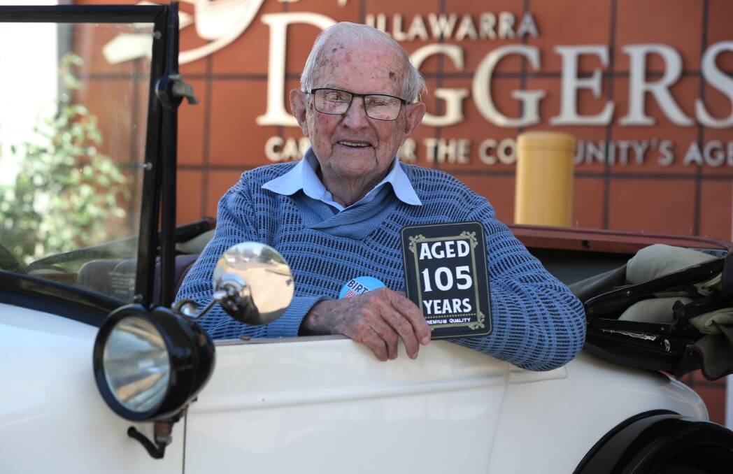 Illawarra Diggers resident David Napper celebrates his 105th birthday on October 24. David went for a ride in an Austin 7 which is nearly 100 years old, not as old as David. Picture by Robert Peet