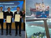Brad Lucas (Master), Alex Alsop (Deckhand), and Marius Fenger receive the award in London. Pictures of the tug boat and the MV Portland Bay off Garie Beach. Pictures supplied