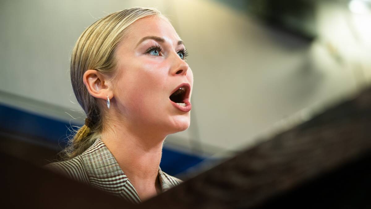 2021 Australian of the year Grace Tame makes an address at the National Press club. Picture: Karleen Minney.
