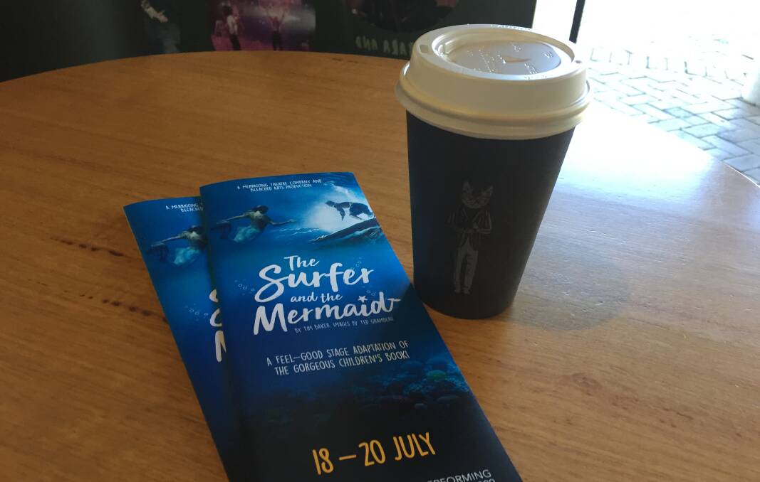 The offending takeaway coffee cup, attending The Surfer and the Mermaid, a story with an environmental message. 