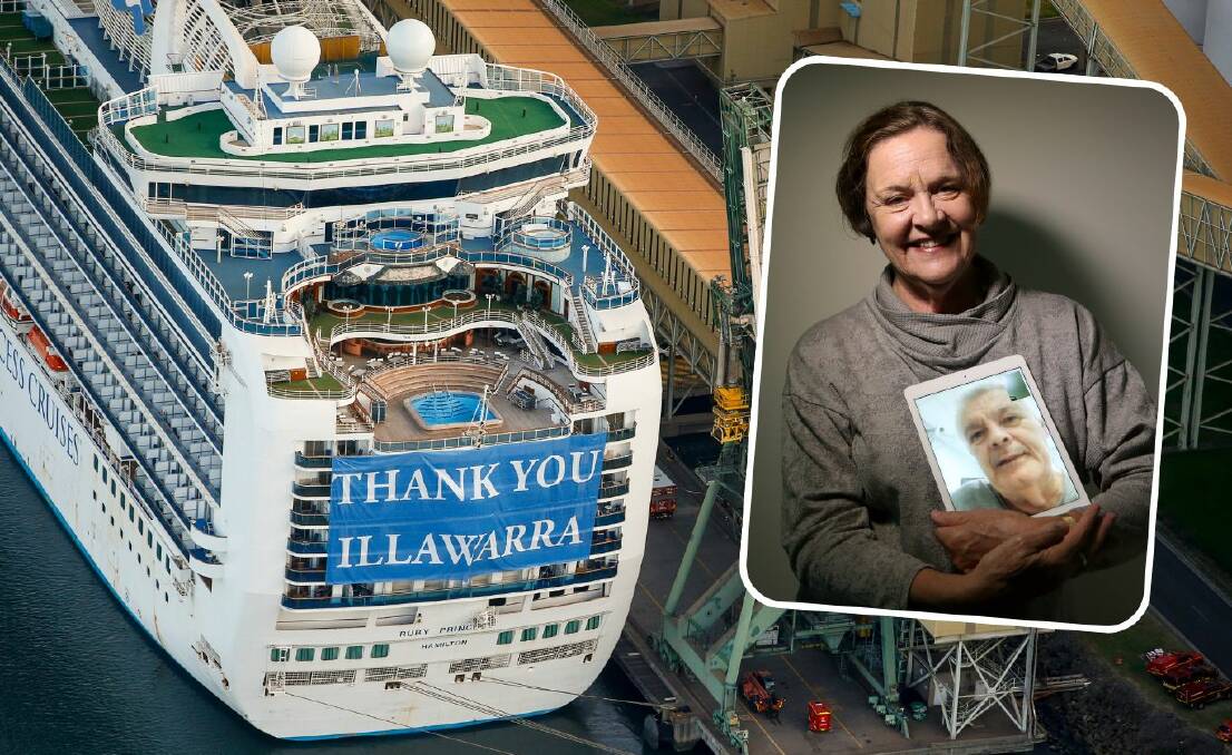 The Ruby Princess in dock at Port Kembla. Picture by Anna Warr and inset Susan Karpik with her husband Henry while he was in hospital in May 2020. Picture by Sylvia Liber