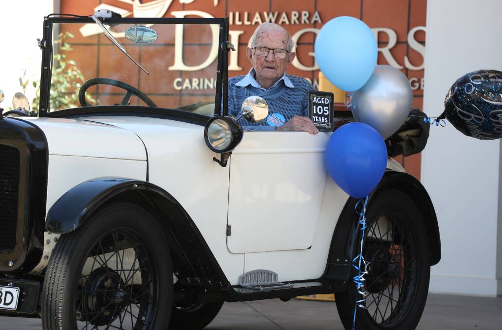 Illawarra Diggers resident David Napper celebrates his 105th birthday on October 24. David went for a ride in an Austin 7 which is nearly 100 years old, not as old as David. Picture by Robert Peet