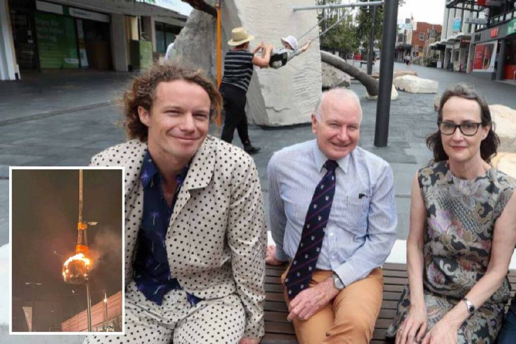 Artist Mike Hewson, Gordon Bradbery and Barbara Flynn at the unveiling of the artworks including the Cabbage Tree Palm in Crown Street Mall.