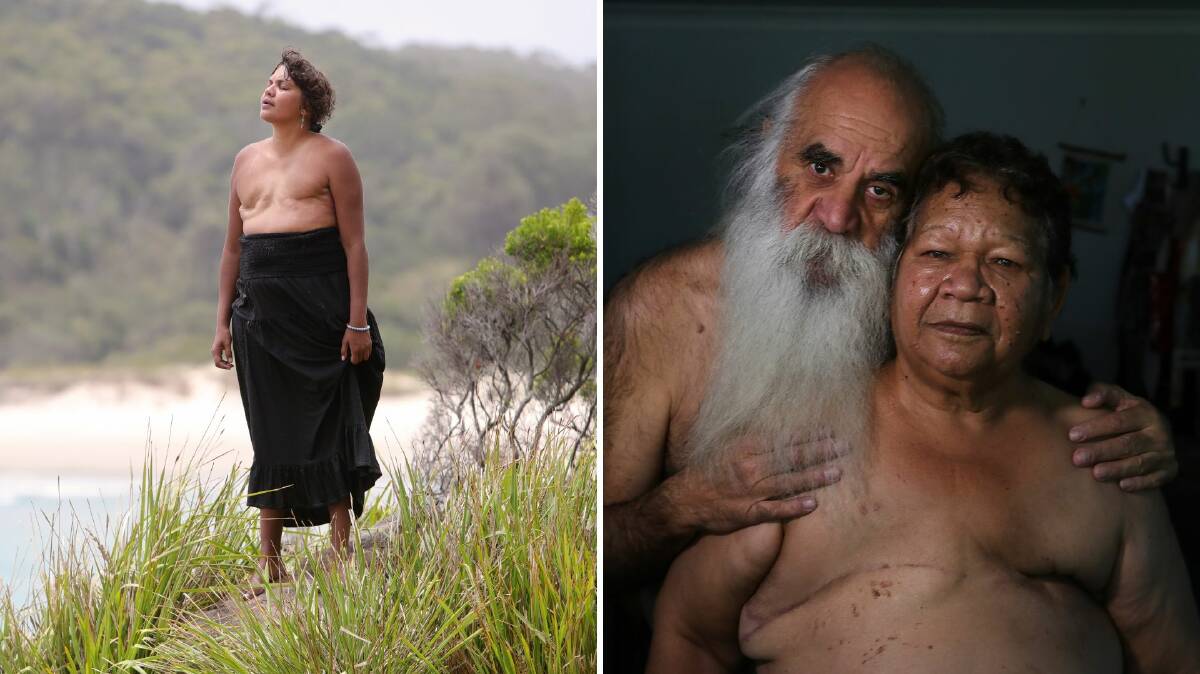 Left to Right and Clockwise: Melinda Wellington bravely baring her scars on country, Elder Aunty Vida Brown and partner Paul. Pictures by Sylvia Liber.