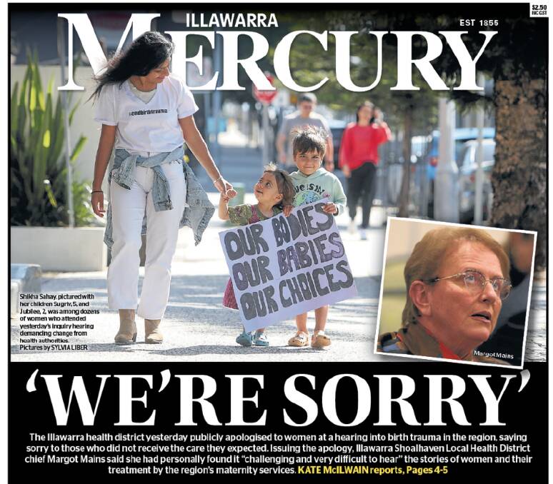 Front page of the Illawarra Mercury after the birth trauma inquiry came to Wollongong.