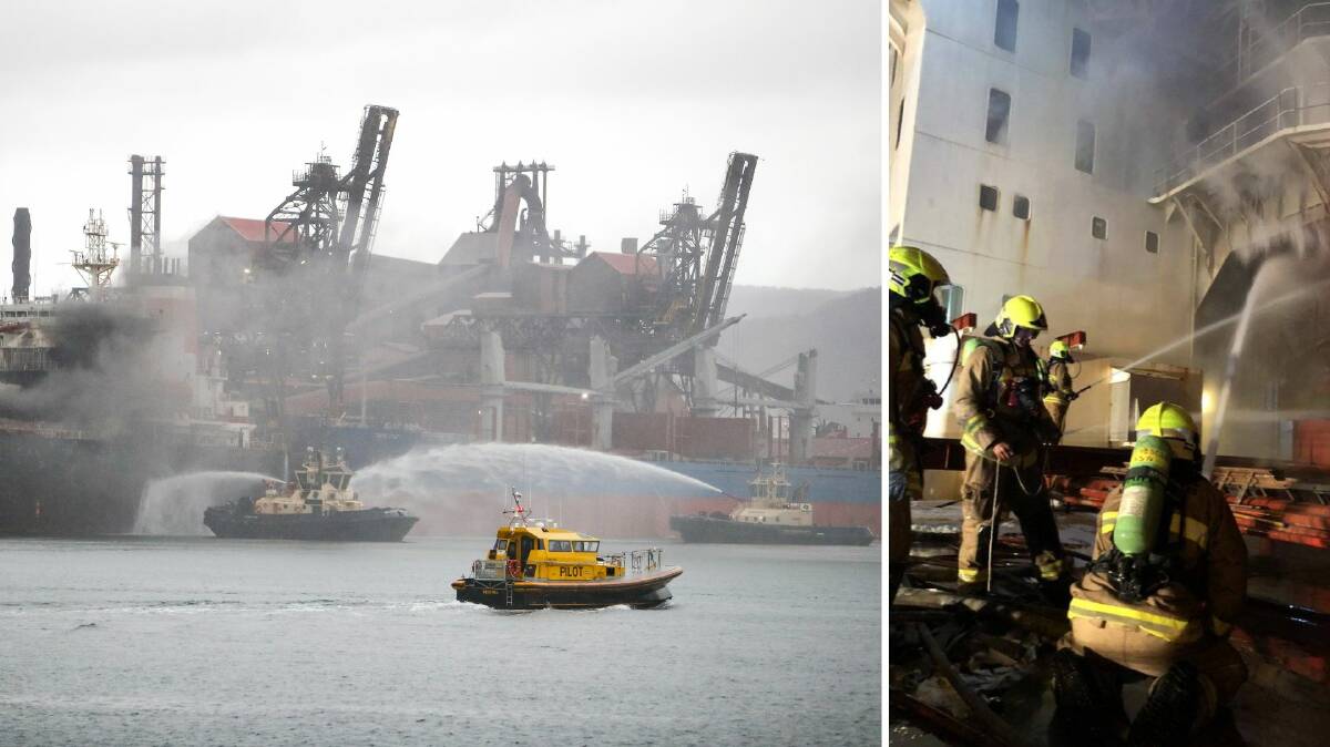 A fire erupted in the cargo hold of the Iron Chieftain as crews were unloading dolomite at Port Kembla Harbour in June 2018.