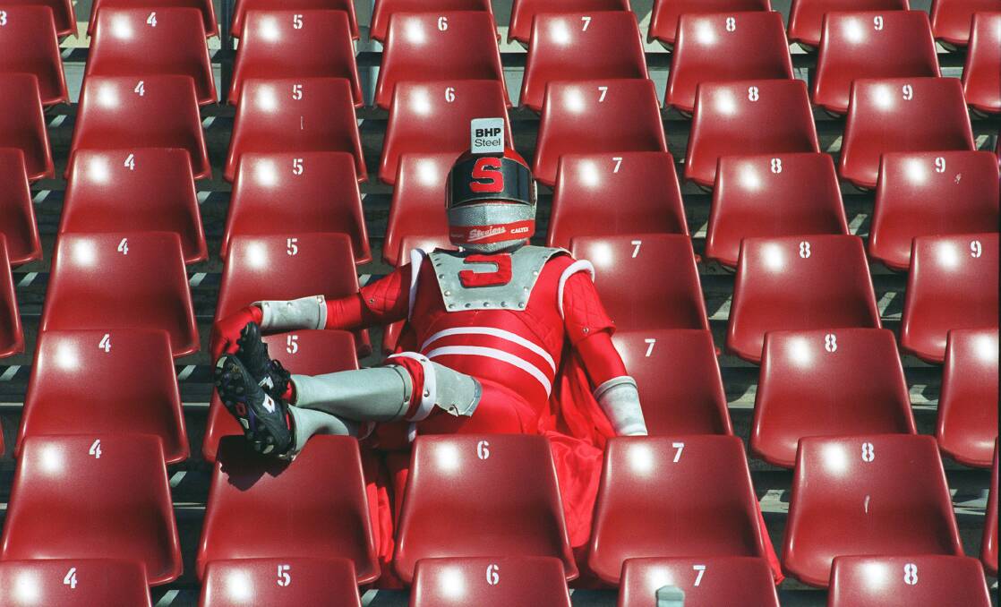 Benched: Former Illawarra Steelers mascot, Stanley the Steel Avenger, takes a seat at WIN Stadium. Picture: Rick Stevens