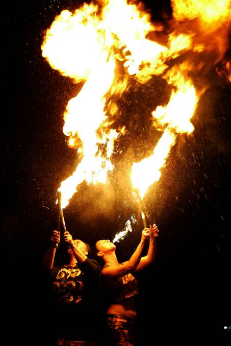 FLASHBACK: Fire breathers Keyna Imray and Finn Taylor from Circus WOW in October 2003. Picture: Greg Totman