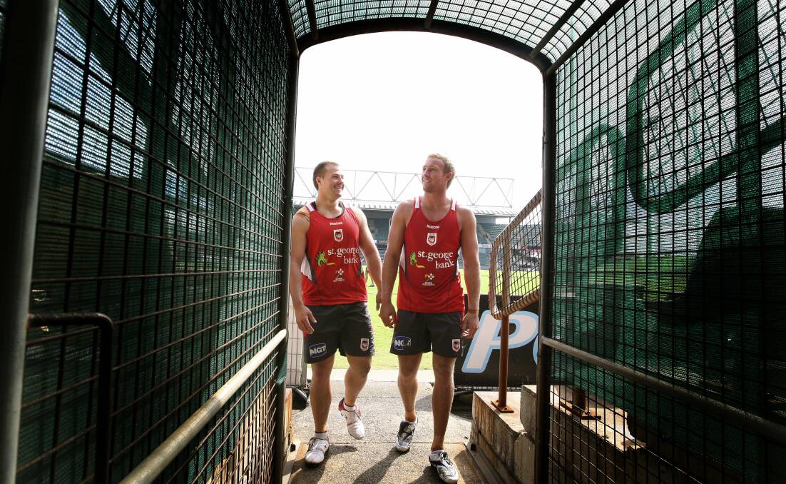 Old mates: Trent Merrin and Matt Prior at the Dragons in 2010. Picture: Sylvia Liber