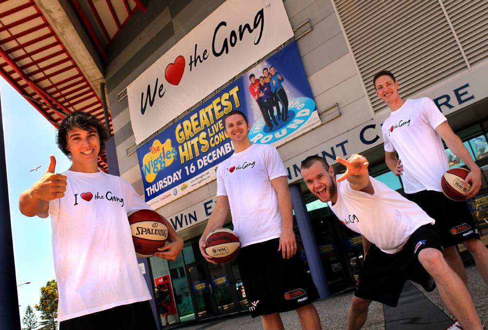 FLASHNBACK: Wollongong Hawks players in 2010 with their WE LOVE THE GONG shirts. Zac Delaney, Tim Coenraad, Larry Davidson and Tim Behrendorff. Picture: Orlando Chiodo