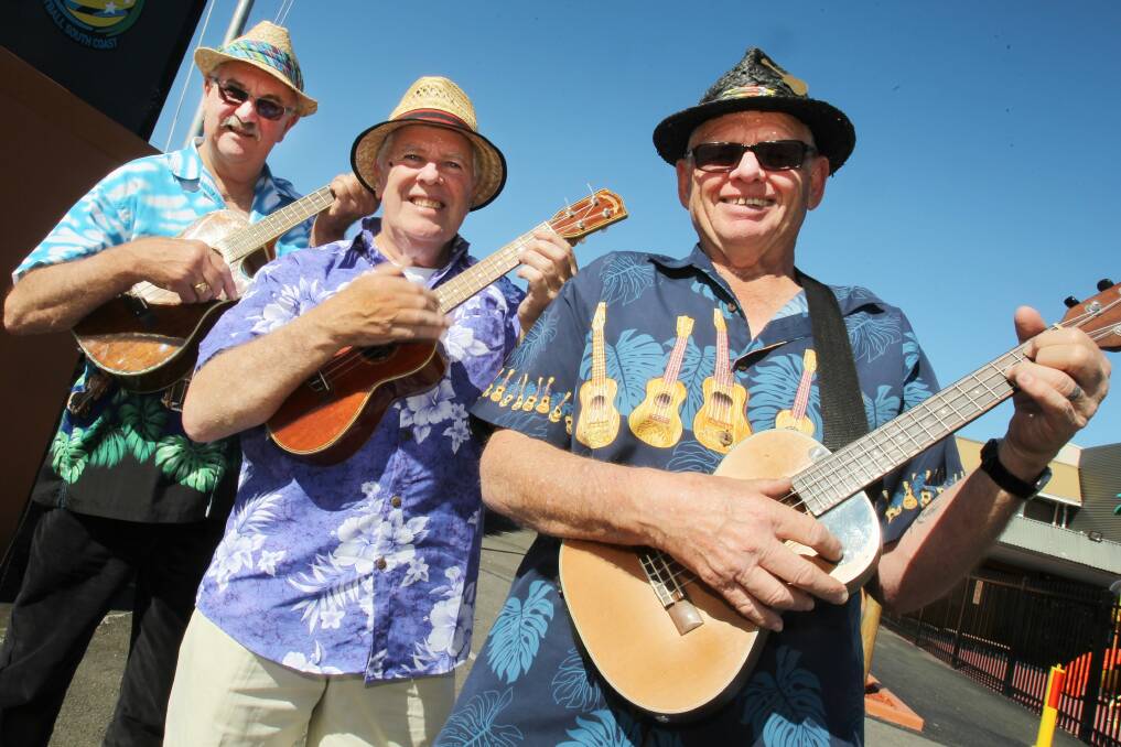 HANDS UP FOR UKULELE: Swingaleles members Mick Berghuis, Unkle Cyril and Ray Elyard are looking forward to the eighth annual Illawarra Ukulele Springstrum at the Fraternity Club on September 16.