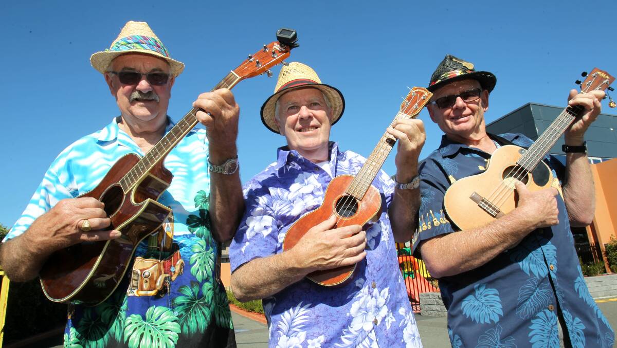 Ukulele players Mick Berghuis, Unkle Cyril and Ray Elyard pictured in 2014. Picture: GREG TOTMAN