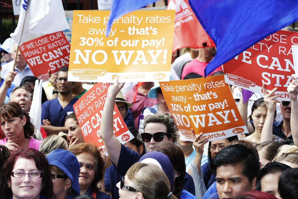 Thousands of workers protested cuts to penalty rates in Sydney. Photo: Jessica Hromas