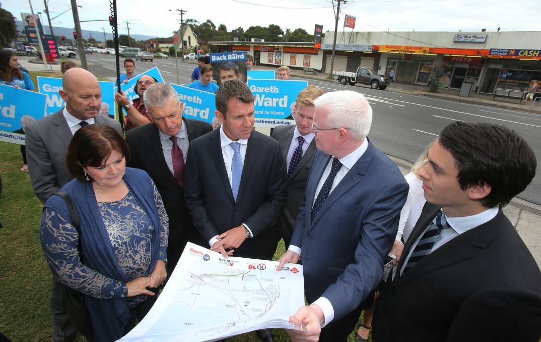 Funding pledge: Then  NSW Premier Mike Baird in Albion Park Rail in March 2015 to make an election promise of $550 million in funding for the bypass. Picture: Robert Peet