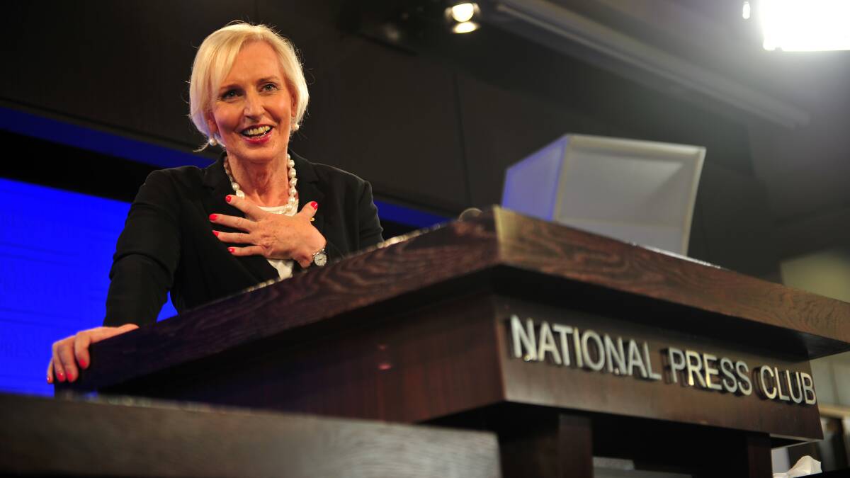 Catherine McGregor, pictured speaking at the National Press Club in Canberra, will highlight a Dapto event on April 4. Tickets ($20 for adults and $12 concession) can be purchased at: illawarracfe.com/enabling-conversations-program/. Picture: Karleen Minney
