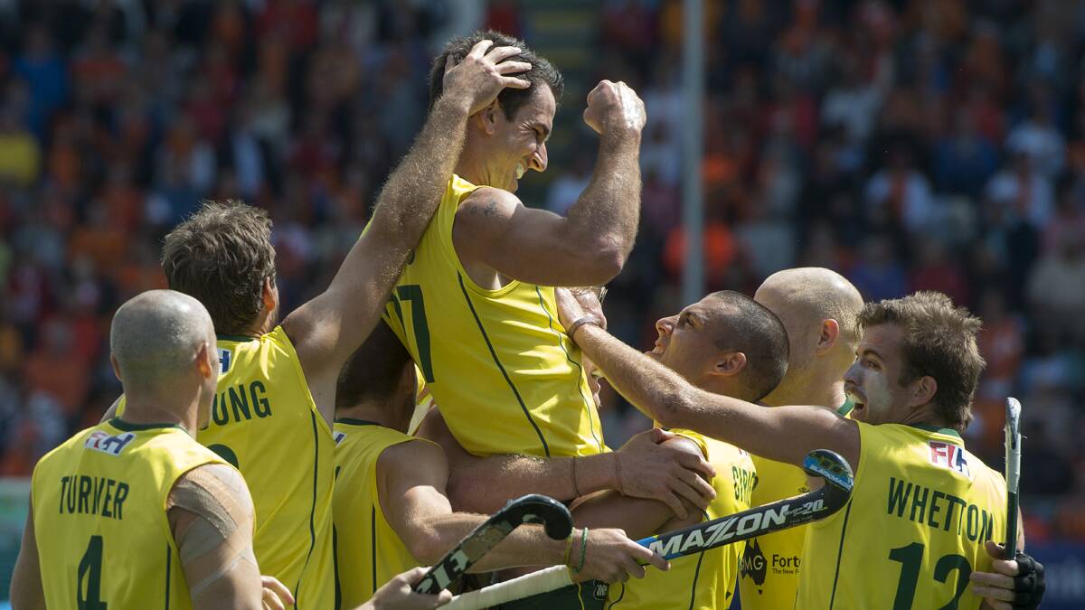 Lethal weapon: Australia's Kieran Govers after scoring in the 6-1 World Cup final victory over Netherlands in 2014. Picture: AP Photo/Patrick Post