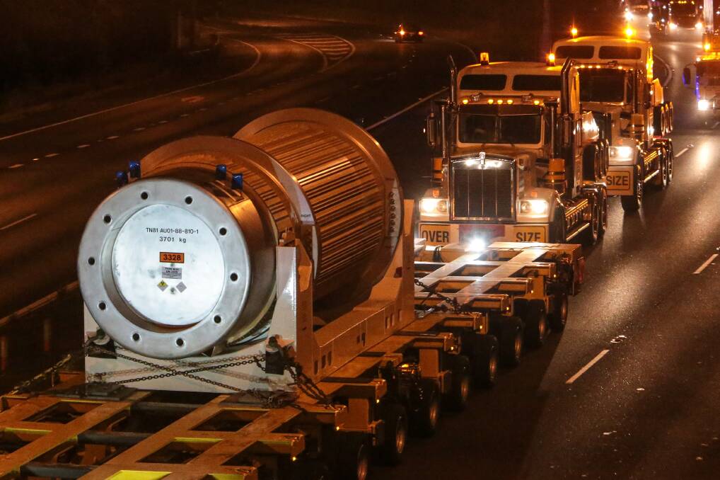 Handle with care: Nuclear waste being transported through Wollongong on its way to Port Kembla in December 2015. Spent fuel rods could be delivered to Port Kembla in the middle of this year. Picture: Adam McLean 