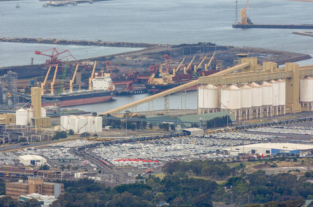 WEEK OF POLLUTION: Port Kembla harbour from afar, with the AAT terminal at Berth 103 on far left, with ship in dock, in a picture from 2016.